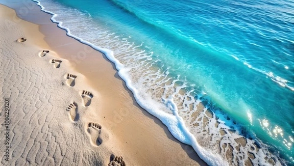 Fototapeta Beautiful Tropical Beach with a Foot Print in the Golden Sand and Crystal Clear Ocean Water, A Serene Coastal Paradise Perfect for Digital Graphic Design Projects and Backgrounds