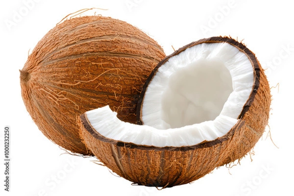 Fototapeta Coconut in half, showcasing the white flesh inside against isolated on transparent background.