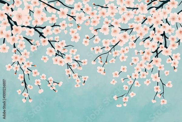 Obraz Cherry blossom branches in full bloom against soft turquoise background