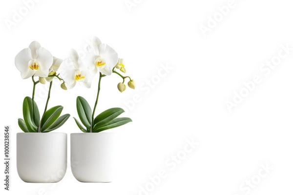 Obraz Two elegant white orchids in modern pots isolated on transparent background.