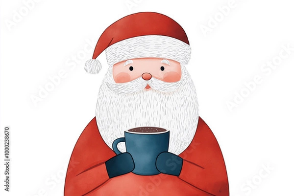 Fototapeta Festive Santa Claus holding a cup of hot cocoa on a white background
