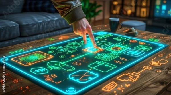 Fototapeta Futuristic Table Interaction with Digital Interface
