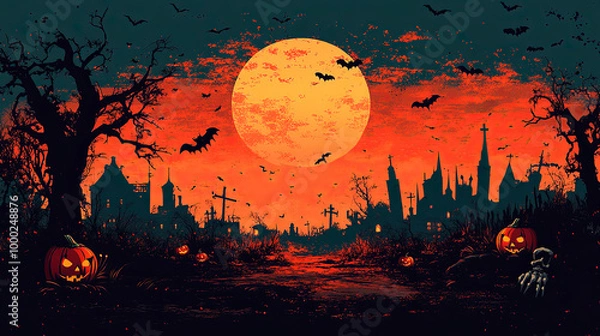 Fototapeta Banner Spooky Halloween border with pumpkins, bats, and skeleton hands. Generative AI