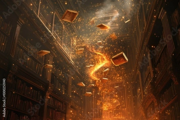 Fototapeta A Library of Books Floating in a Golden, Fire-Like Mist