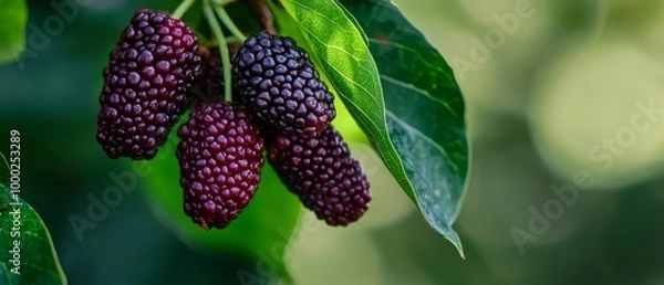 Fototapeta  A tight shot of berry-laden tree branch, with foliage in front and indistinct background