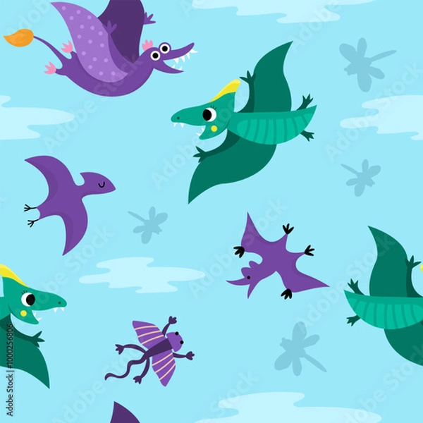 Fototapeta Vector flying dinosaur seamless pattern with pterosaurs. Cute prehistoric animal repeat background. Dino digital paper with Pterodactyl, clouds, sky for kids