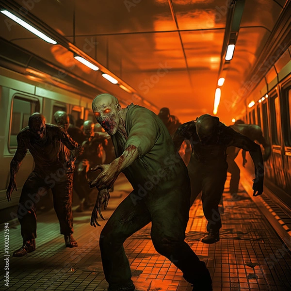 Fototapeta Video Game Zombies Attacking in a Subway with Orange Glow