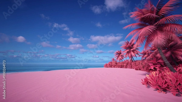 Fototapeta Could you create a high resolution 4k 16:9 image of a landscape of a paradise planet with a beach with pink sand?