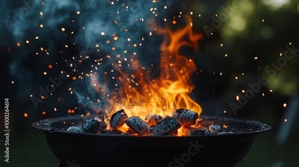 Fototapeta "Flames Ignite as Wind Fans the Coals: Sparks Fly in Fiery BBQ Moment"