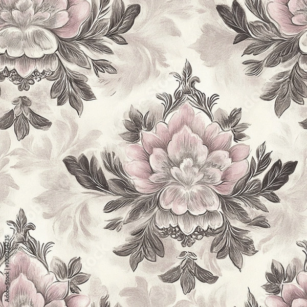Fototapeta Elegant floral pattern featuring soft pink and gray hues, perfect for home decor or textile design. intricate details and classic style evoke sense of sophistication and charm