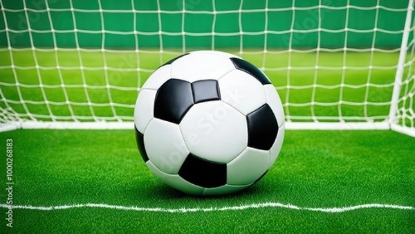 Fototapeta A close-up of a soccer ball positioned near a goal on a grassy field.