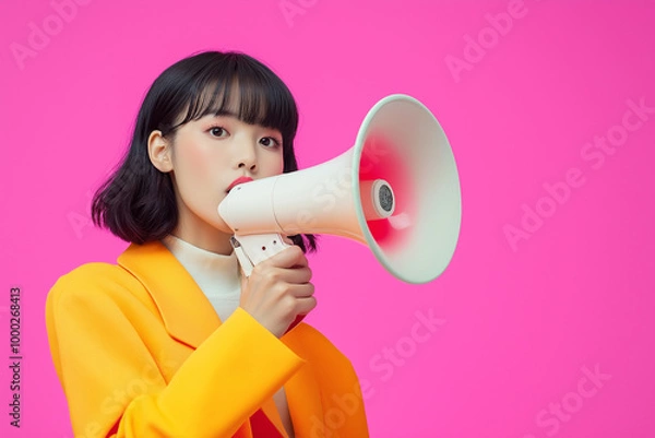 Fototapeta Interested in news. Excited pretty girl shouting at loudspeaker, isolated on pastel background. Concept of emotions, facial expression, youth, inspiration, sales.
