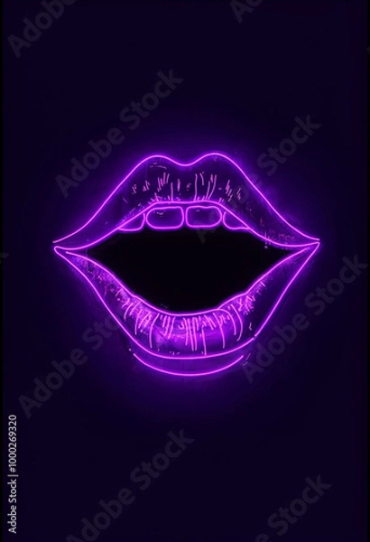Fototapeta "Create an art piece featuring a striking purple neon mouth against a deep black background. The design should evoke a theatrical ambiance, with the mouth appearing illuminated and vibrant, almost glo