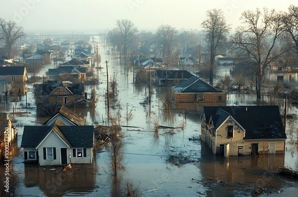 Fototapeta Aerial view of New Orleans flooded after Hurricane Katrina in 2005, showcasing devastation and submerged homes amidst dark water
