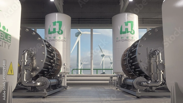 Obraz Production of green hydrogen through electrolysis with renewable energy. Realistic 3D render.