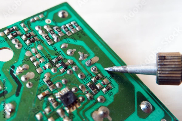 Fototapeta Failed solder joints on the broken electronic circuit board. Cold solder joint. Focused on soldered point.