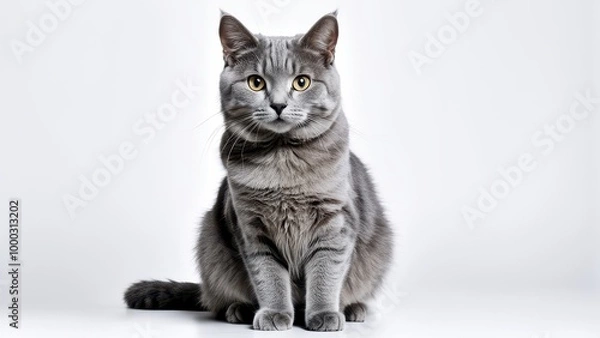 Fototapeta A gray cat sits elegantly against a plain background, showcasing its features.