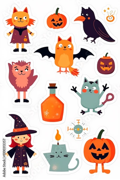Fototapeta Halloween sticker sheet for preschoolers with big shapes and whimsical elements like witch, cat, raven, elixir on a white background
