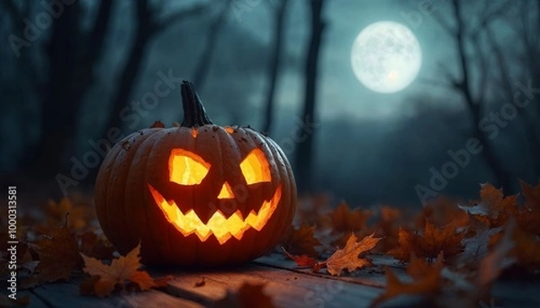 Obraz A Spooktacular Carved Jack-O'-Lantern Illuminating a Dark Forest Under a Full Moon for Halloween Decorations