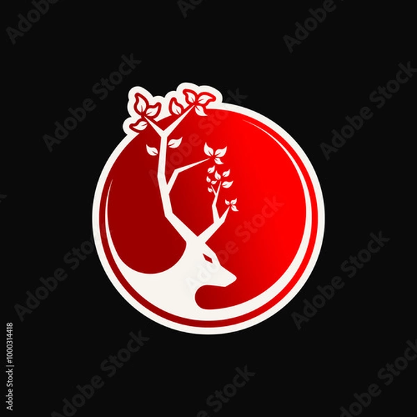 Obraz combination vector of deer antelope buck stag hart elk reindeer head with tree branch antlers on a red circle background like the japan japanese national flag silhouette logo design inspiration