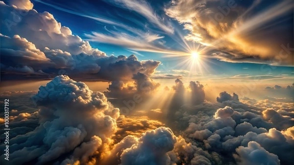 Fototapeta Fluffy Sun Lit Wispy Clouds in the Skyline: Majestic Cloud Formations and Scenic Sky Views for Atmospheric Visuals for Poster and Digital Design Projects
