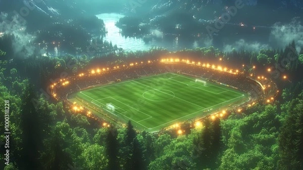 Fototapeta A brightly lit stadium set in a misty forest, glowing under night lights, surrounded by tall trees and winding roads.
