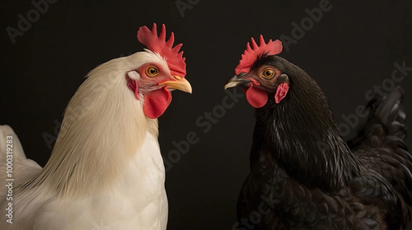 Fototapeta Two Chickens on Black Background