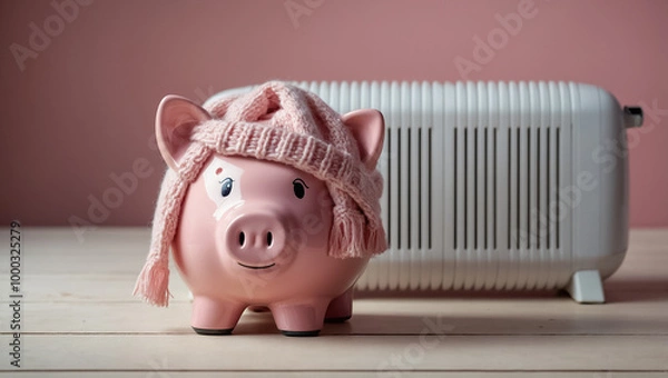 Obraz piggy bank ceramic in a scarf near a heating radiator