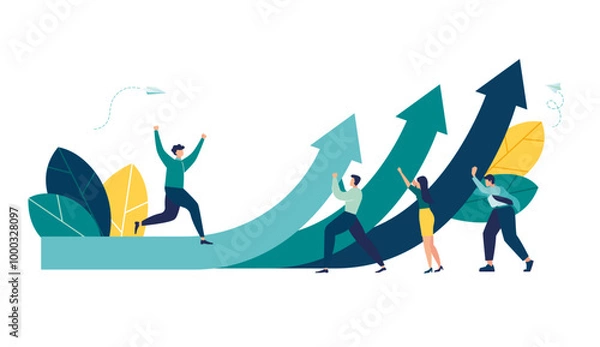 Fototapeta teamwork vision path goal success. study horizons work finding ways develop. people stand profit, growth arrows Career decision choosing direction choices for future opportunity vector illustration 
