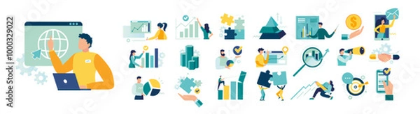 Fototapeta business graphs and charts team concept mega set. infographics Group workers work office. Collection Bundle of scenes with people men women, teamwork in office business activity. vector illustration 