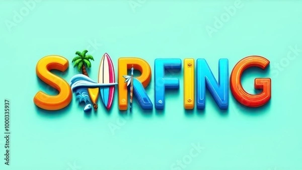 Fototapeta 3D text "Surfing" made of surfboards, waves, and palm trees, on a light turquoise background, in vibrant colors, with simple shapes, in a flat design, as digital art