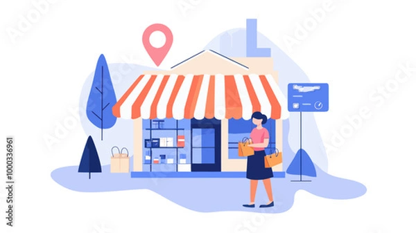 Fototapeta Flat design illustration of shopper finding nearest store using location marker concept for business and marketing, includes storefront, shopping bags, and navigation elements in a pastel color scheme