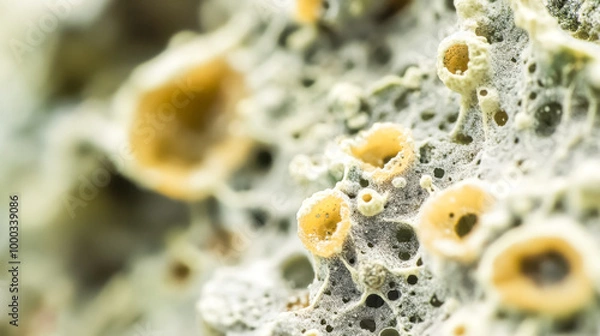Fototapeta Yellow and grey lichen growing on stone surface