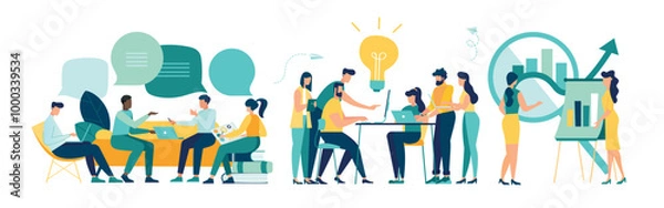 Fototapeta workshop talk workers people are sitting at negotiating table, vector collective thinking and brainstorming, company information analytics Vector illustration group of people Discussion speech bubbles