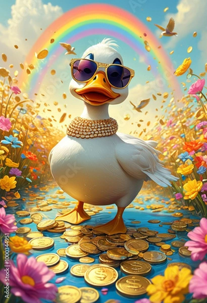 Fototapeta cartoon-style scene of a fabulously wealthy duck, vibrant field filled with fluttering dollar bills, wearing a lavish bling-bling gold chain, sunglasses, looking relaxed. Oversized coins, 