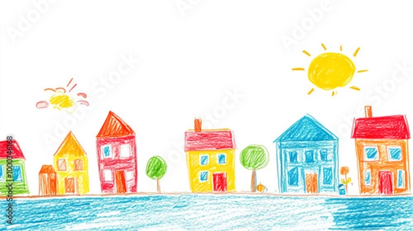 Obraz Child's drawing of colorful houses along a riverbank
