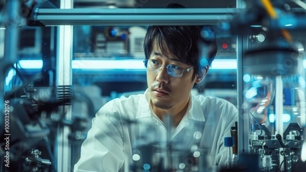 Fototapeta A young Japanese male scientist, looking excited and focused, conducts a robotics experiment in a high-tech laboratory, showcasing innovation and cutting-edge technology.
