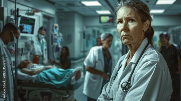 Fototapeta A serious female doctor in a hospital setting, wearing a stethoscope, examines a patient with a focused and concerned expression, emphasizing professionalism and care.