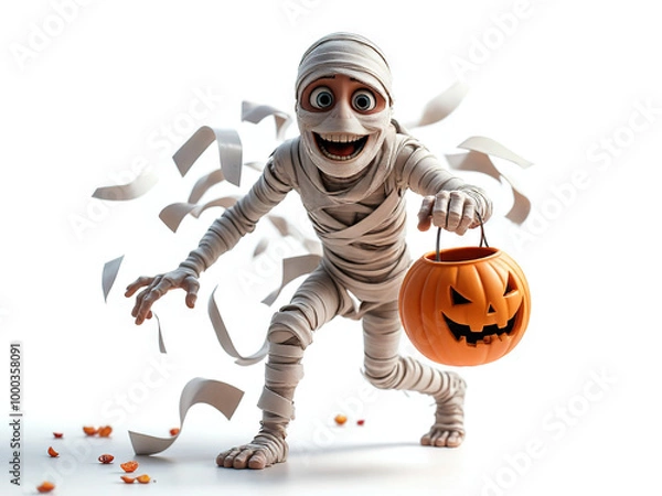 Fototapeta Happy Halloween Mummy: Cartoon Mummy with Jack-o'-lantern  - Generated by Generative AI