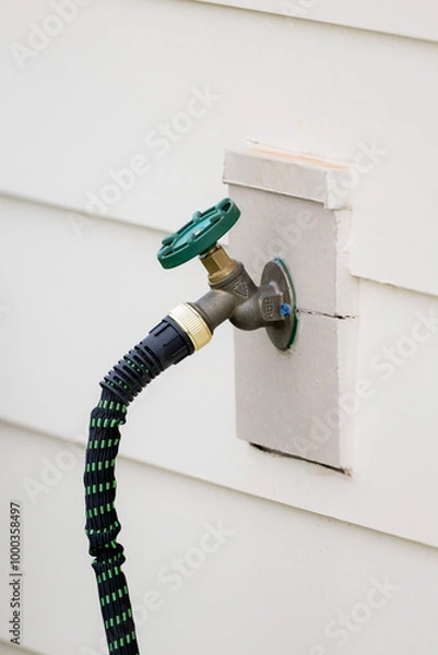 Fototapeta Outdoor water spout with green and black hose attached