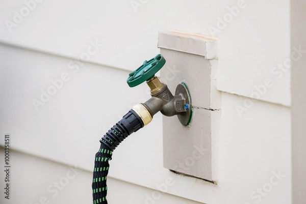 Fototapeta Outdoor water spout with green and black hose attached