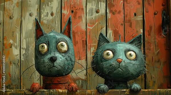 Fototapeta Two cats are sitting on a wooden fence. One of the cats is looking at the camera with a sad expression