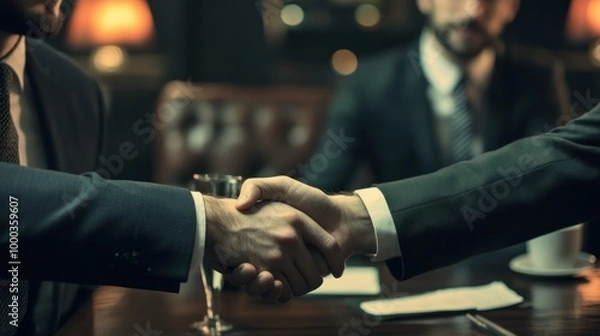 Fototapeta Two Men in Suits Shaking Hands Over a Table