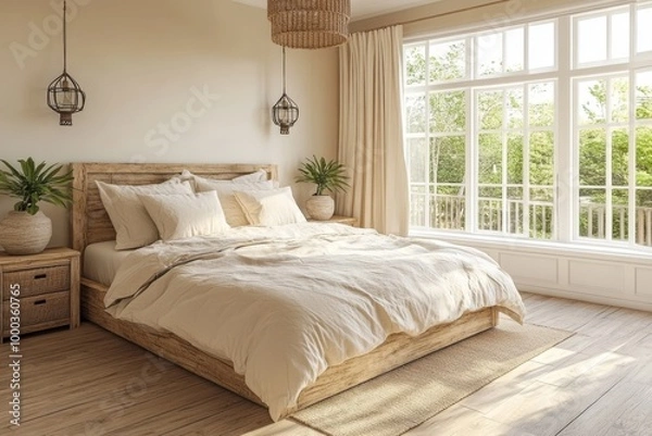 Fototapeta Cozy bedroom with neutral tones and large windows symbolizing warmth relaxation and modern living in a serene light filled space