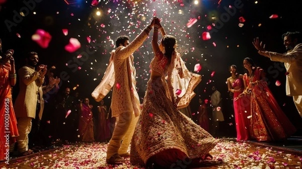 Fototapeta Enchanting Indian Bride and Groom Dancing at Wedding Celebration with Friends and Flower Petals Falling