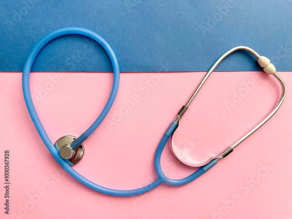 Fototapeta Doctor concept. Top view of stethoscope on pink and blue background with space for text or promotion