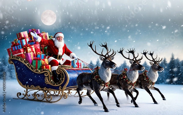 Fototapeta Santa Claus who runs in a sleigh loaded with gifts and pulled by reindeer in the snow-covered Lappish forest in a magical atmosphere in the moonlight