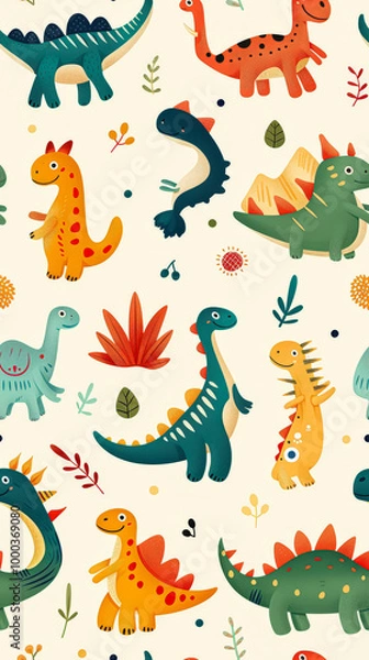 Fototapeta Colorful pattern of dinosaurs on a white background. The dinosaurs are drawn in a whimsical style and are smiling