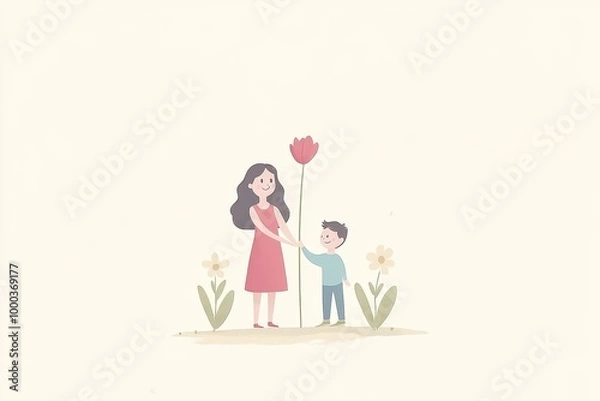 Fototapeta Simple illustration of a child with a flower symbolizing innocence curiosity and love for nature through minimalist lines and soft colors in a calm setting