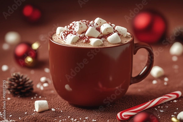 Fototapeta Cozy drinks featuring a cup of hot chocolate with marshmallows 